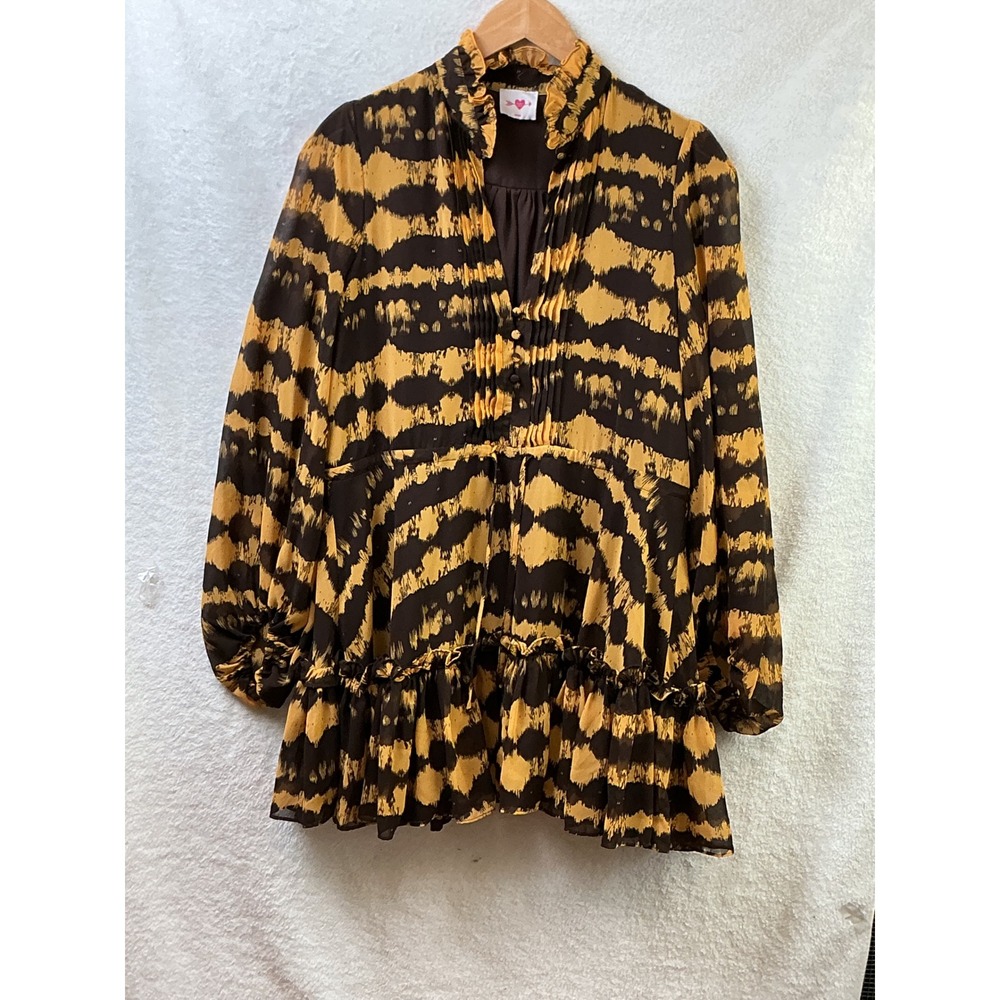 Buddy Love Grace Mini Dress Mustard Brown Tiger Print Ruffle Long Sleeve Medium - Picture 3 of 15